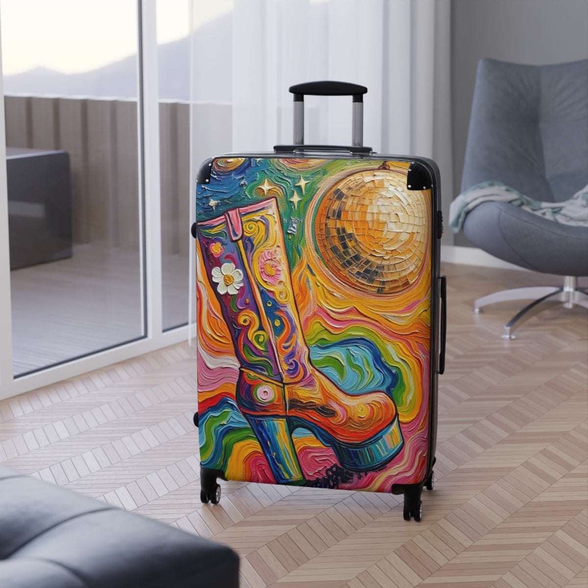 Luggage - Suitcases - Carry-on - Psychedelic Disco Platform Boot - Painterly Style Artistic Rolling Suitcase - 'Golden Groove''