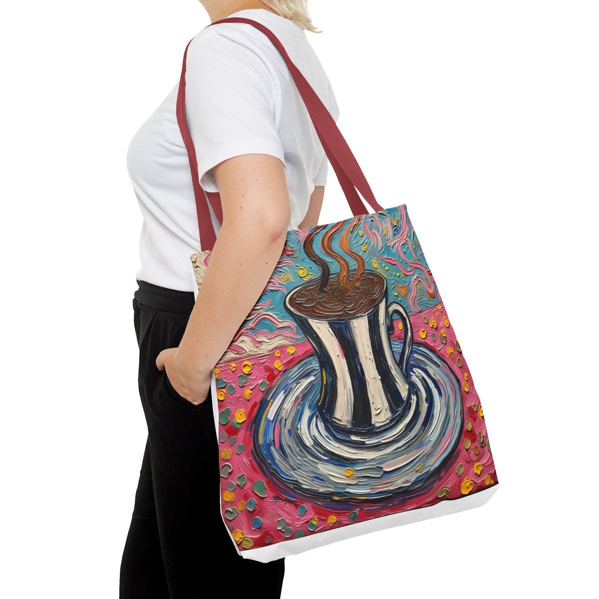 Tote Bag - Colorful Striped Coffee Cup - Painterly Style Design  - 'Mocha Dreams'