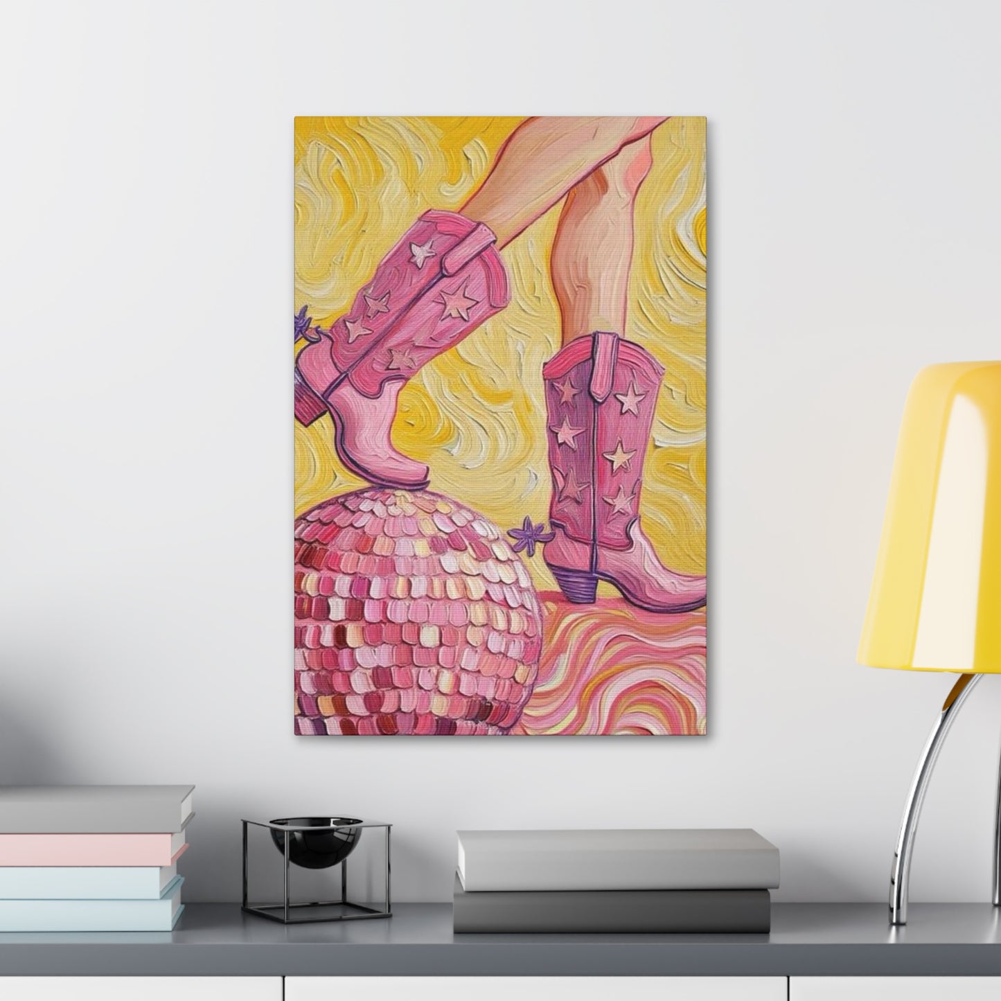 Canvas Wall Art - Pink Cowboy Boots - Disco Ball - Artistic Painterly Style - Impasto Design Print - 'Disco Cowgirl'