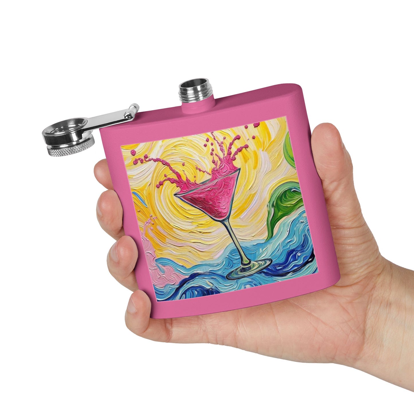 Flask - Stainless Steel 6oz  - Colorful Hot Pink Martini Splash Whimsical Artwork - 'Sway & Sip'