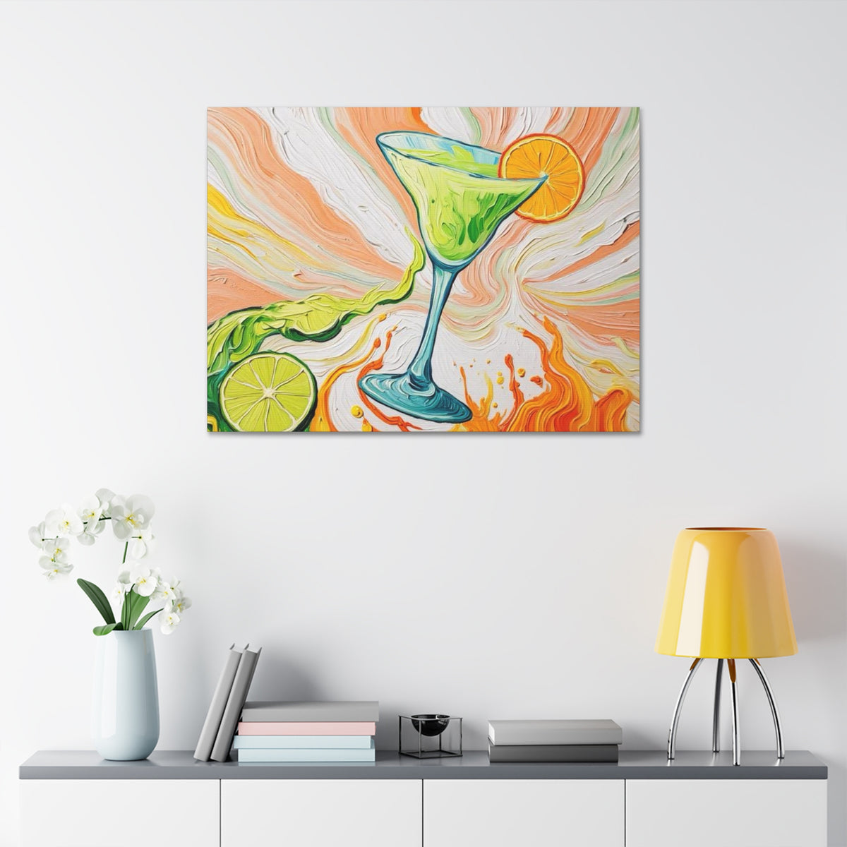 Canvas Wall Art - Orange and Green Refreshing Citrus Cocktail-Splashes of Color - Artistic Painterly Style - Impasto Design Print - 'Lime Light'
