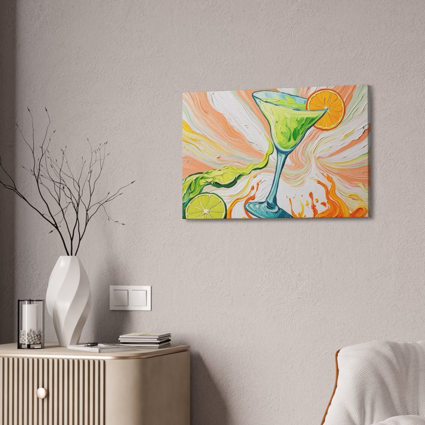 Canvas Wall Art - Orange and Green Refreshing Citrus Cocktail-Splashes of Color - Artistic Painterly Style - Impasto Design Print - 'Lime Light'