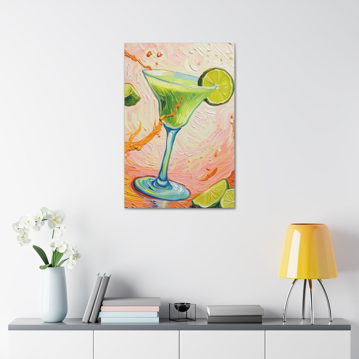 Canvas Wall Art - Green Refreshing Citrus Drink -Splashes of Orange - Artistic Painterly Style - Impasto Design Print - 'Citrus Splash'