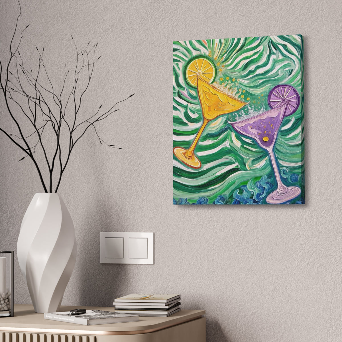 Canvas Wall Art - Yellow and Purple floating Cocktails - Artistic Painterly Style - Impasto Design Print - 'Green Rush'