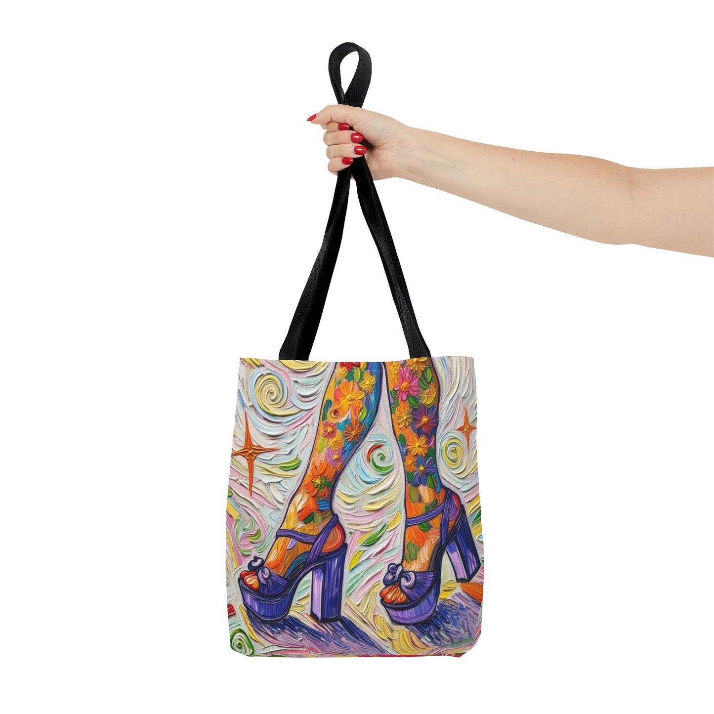 Tote Bag - All-Over Print - Flowered Legs with Purple Platform Shoes - Colorful Artistic Painterly Style - 'Saturday Sparkle'