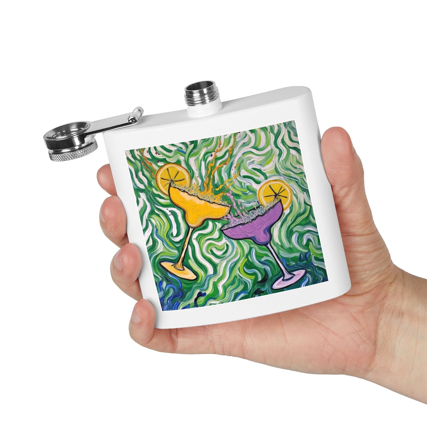 Flask - Stainless Steel 6oz - Colorful Cocktail Splash - Whimsical Artwork - 'Cheers to the Good Life'