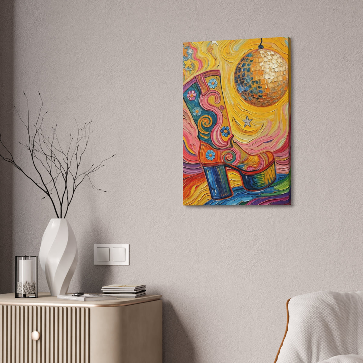 Canvas Wall Art - Colorful Retro Disco High Heel Platform Boot - Painterly Style Design - ' Boogie Nights'
