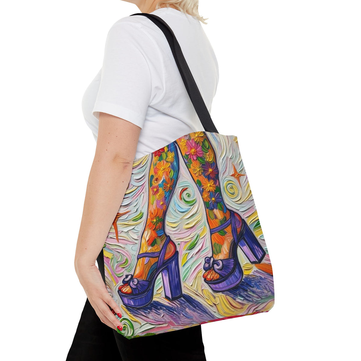 Tote Bag - All-Over Print - Flowered Legs with Purple Platform Shoes - Colorful Artistic Painterly Style - 'Saturday Sparkle'