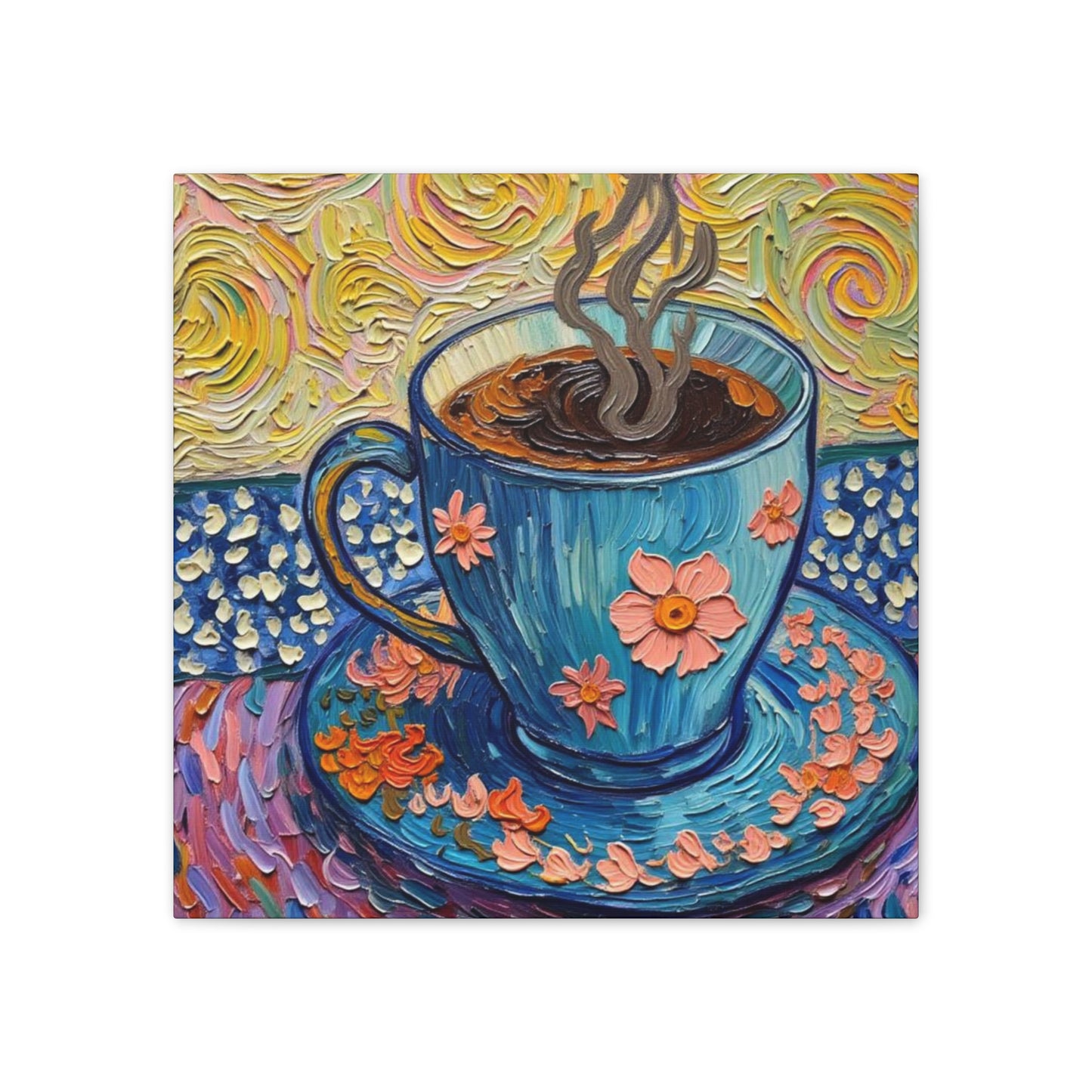Floral Blue Teacup Canvas Wall Art — Vibrant Coffee Painting