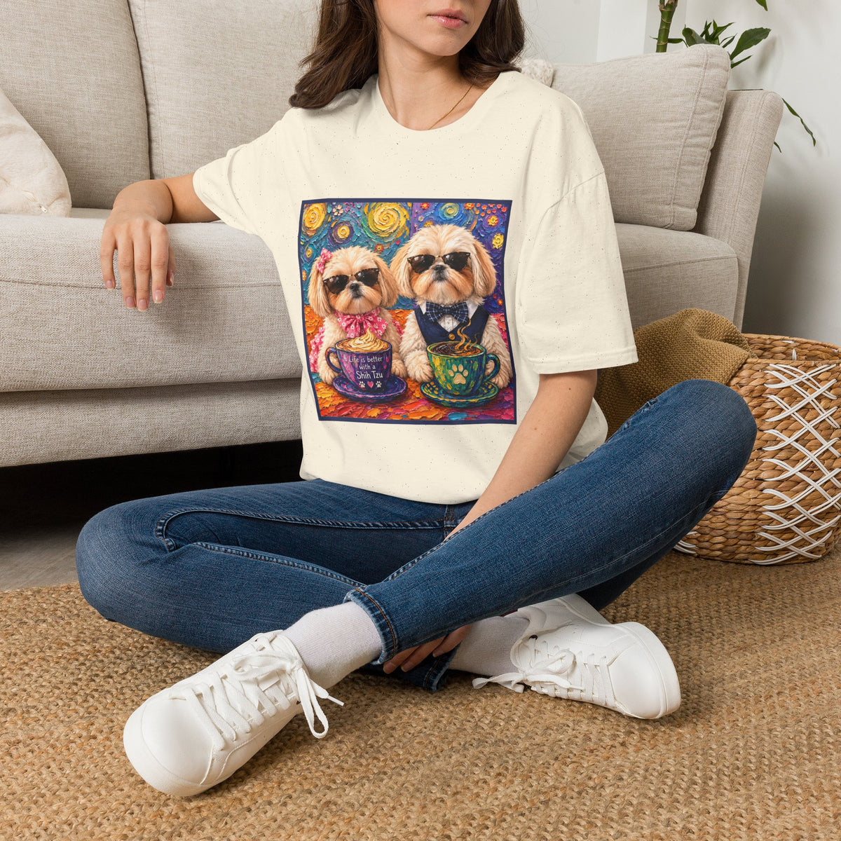 Shih Tzu Coffee Date T-Shirt - Cute Couple - Dogs with Teacups - Paws for Coffee
