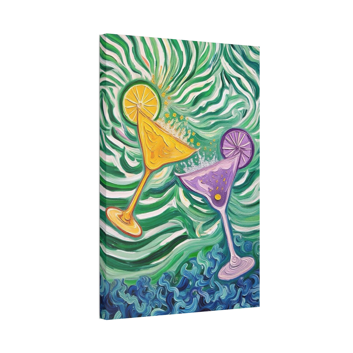 Canvas Wall Art - Yellow and Purple floating Cocktails - Artistic Painterly Style - Impasto Design Print - 'Green Rush'