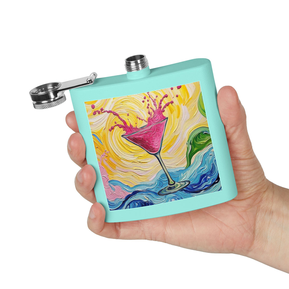 Flask - Stainless Steel 6oz  - Colorful Hot Pink Martini Splash Whimsical Artwork - 'Sway & Sip'