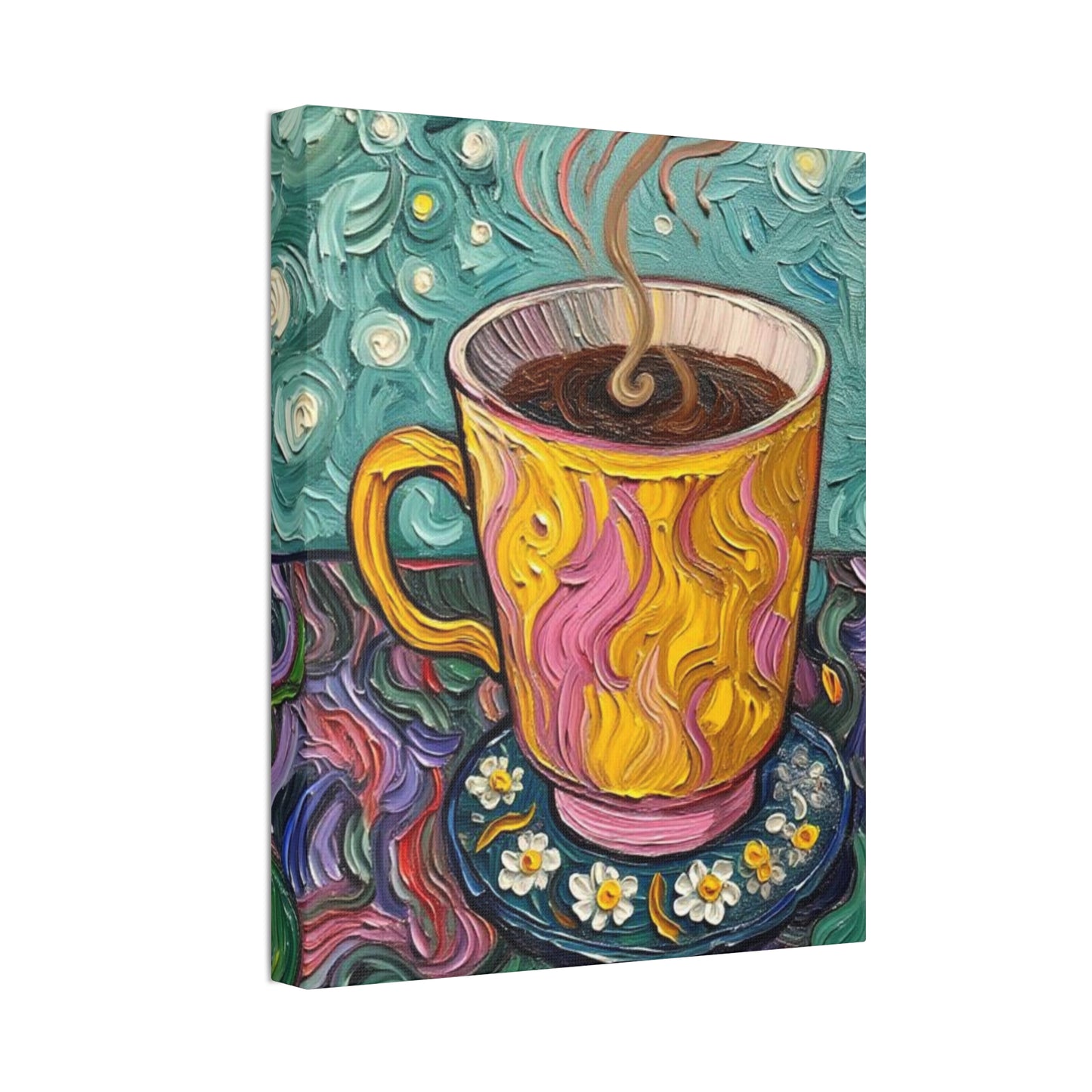 Coffee Cup Canvas Wall Art – Colorful Textured Painting of Steaming Mug