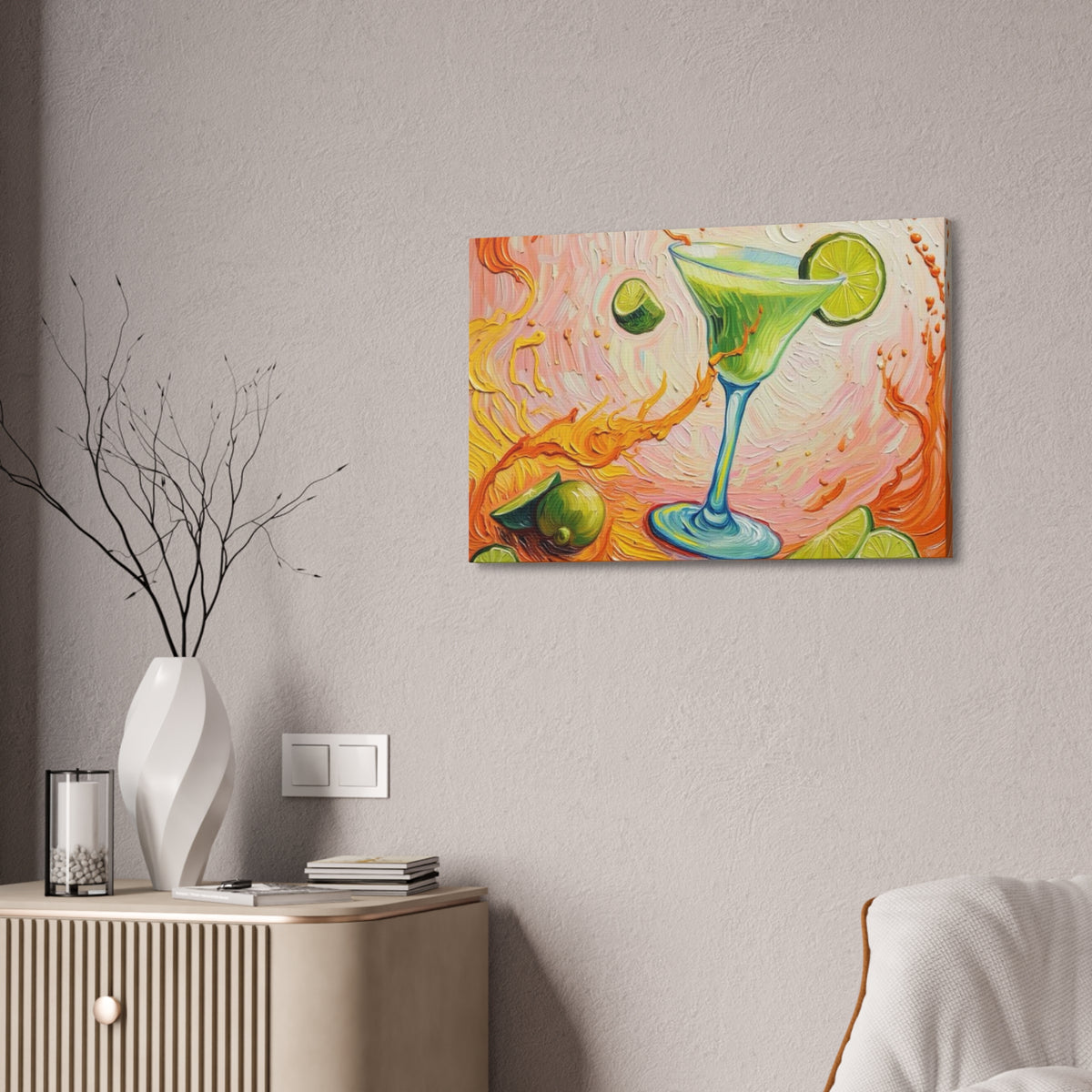 Canvas Wall Art - Green Refreshing Citrus Drink -Splashes of Orange - Artistic Painterly Style - Impasto Design Print - 'Citrus Splash'