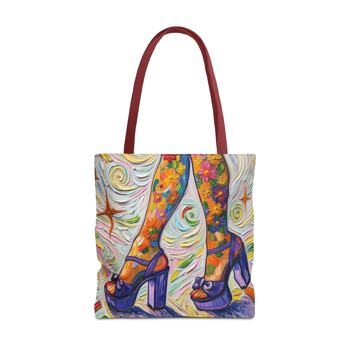 Tote Bag - All-Over Print - Flowered Legs with Purple Platform Shoes - Colorful Artistic Painterly Style - 'Saturday Sparkle'