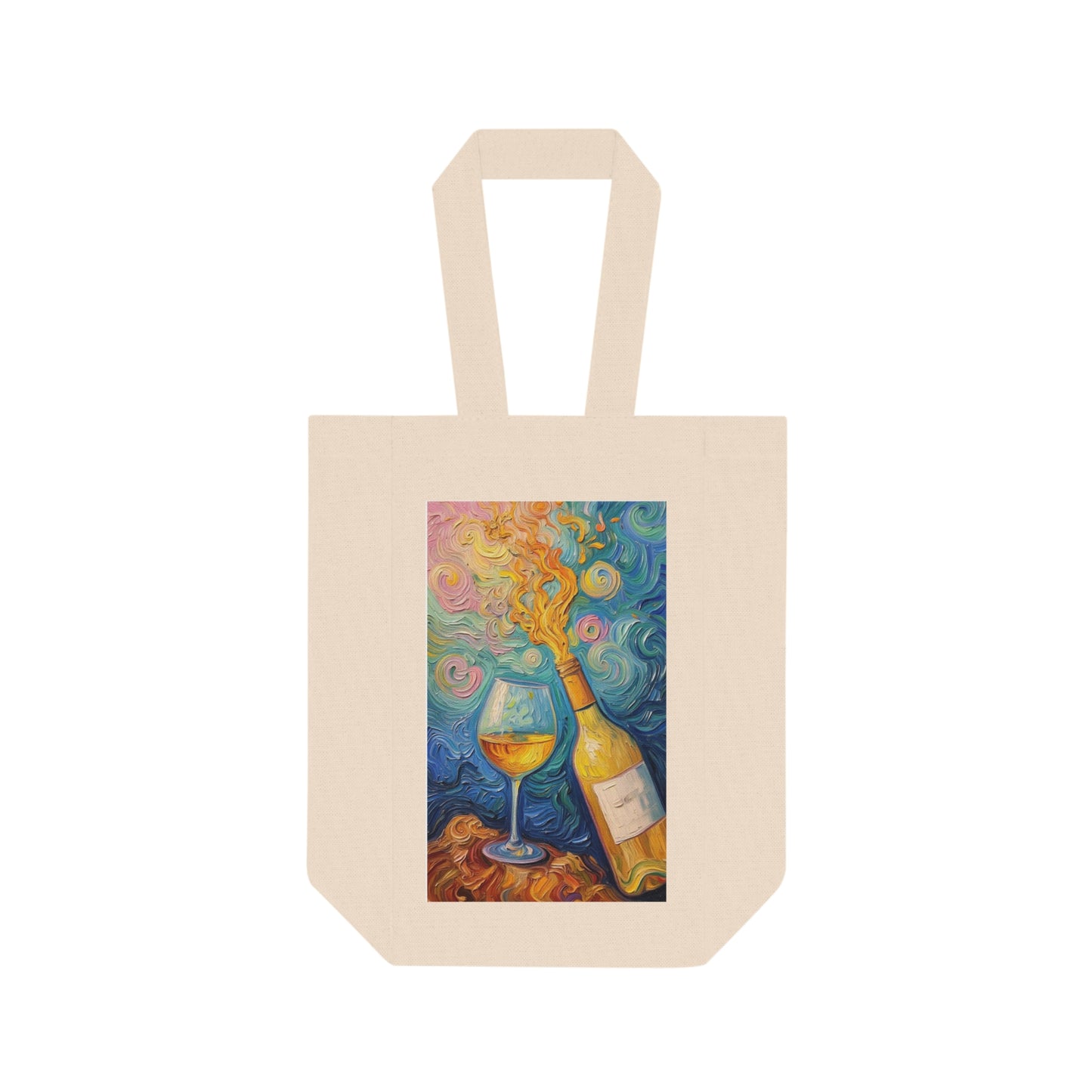 Wine Tote Bag - Colorful Swirl Painterly Bottle & Glass Canvas Wine Carrier