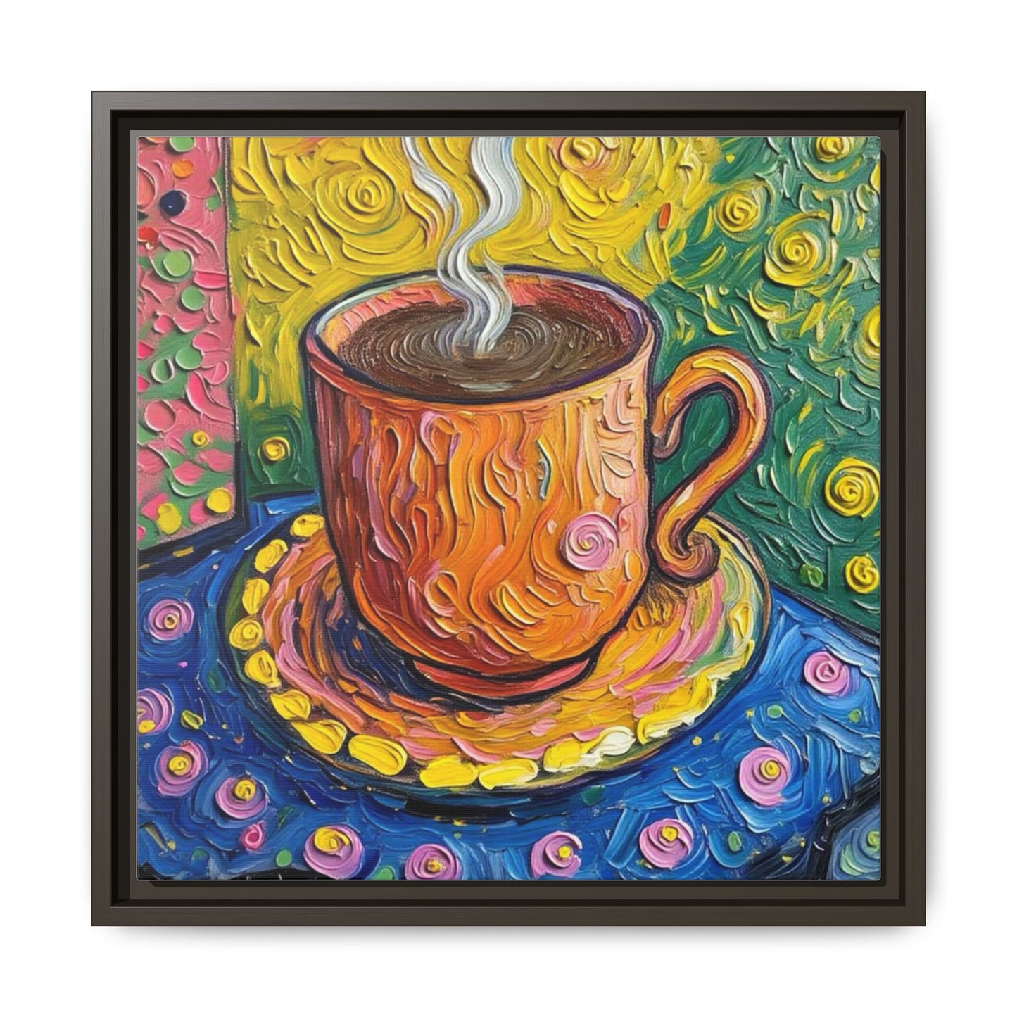 Framed Matte Canvas Art - Colorful Whimsical Coffee Cup Painting