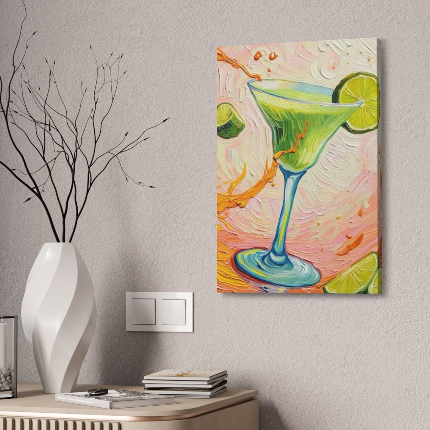 Canvas Wall Art - Green Refreshing Citrus Drink -Splashes of Orange - Artistic Painterly Style - Impasto Design Print - 'Citrus Splash'