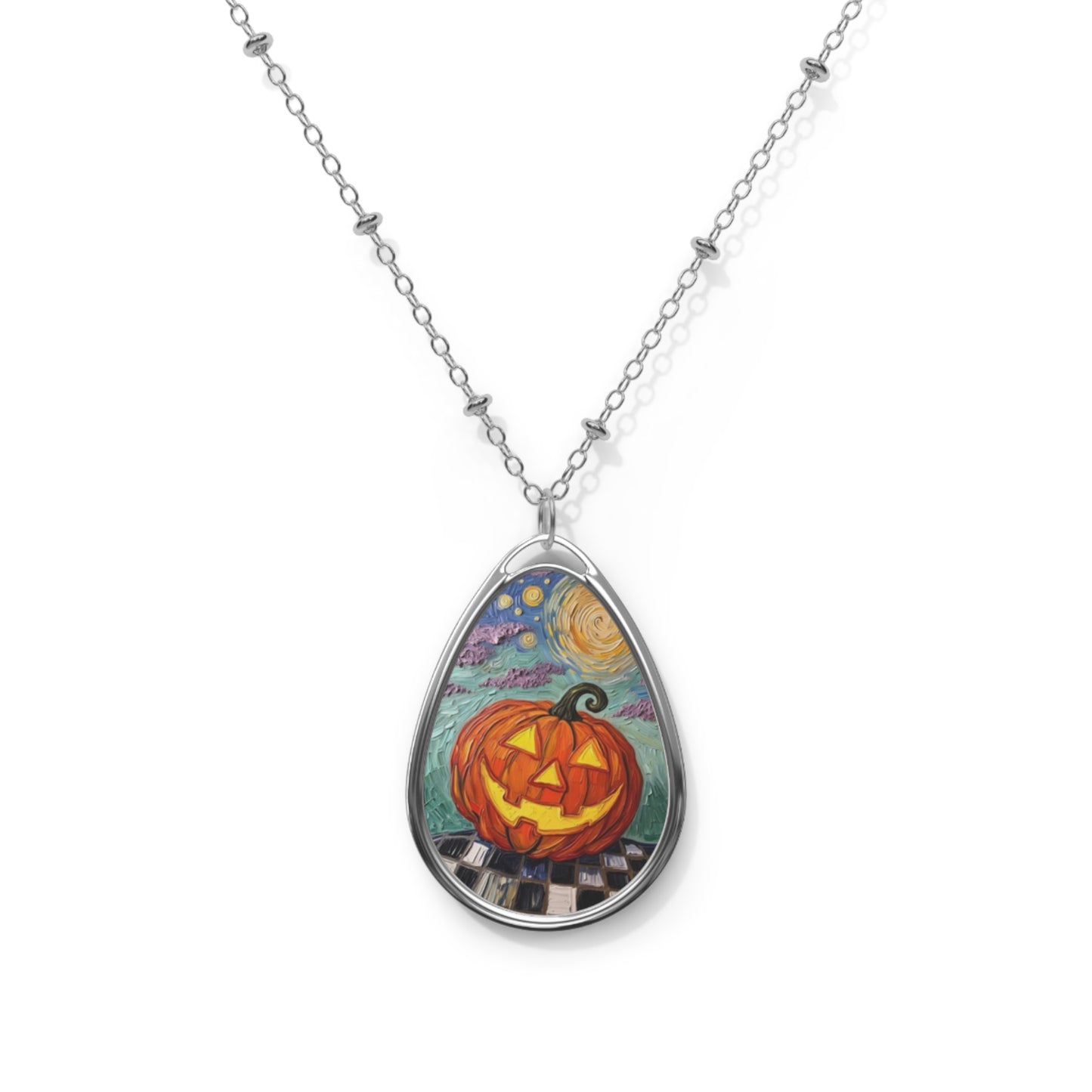 Halloween Pumpkin Oval Necklace - Artistic Jack-O'-Lantern Teardrop Artistic Pendant- 'Jack Under the Stars'