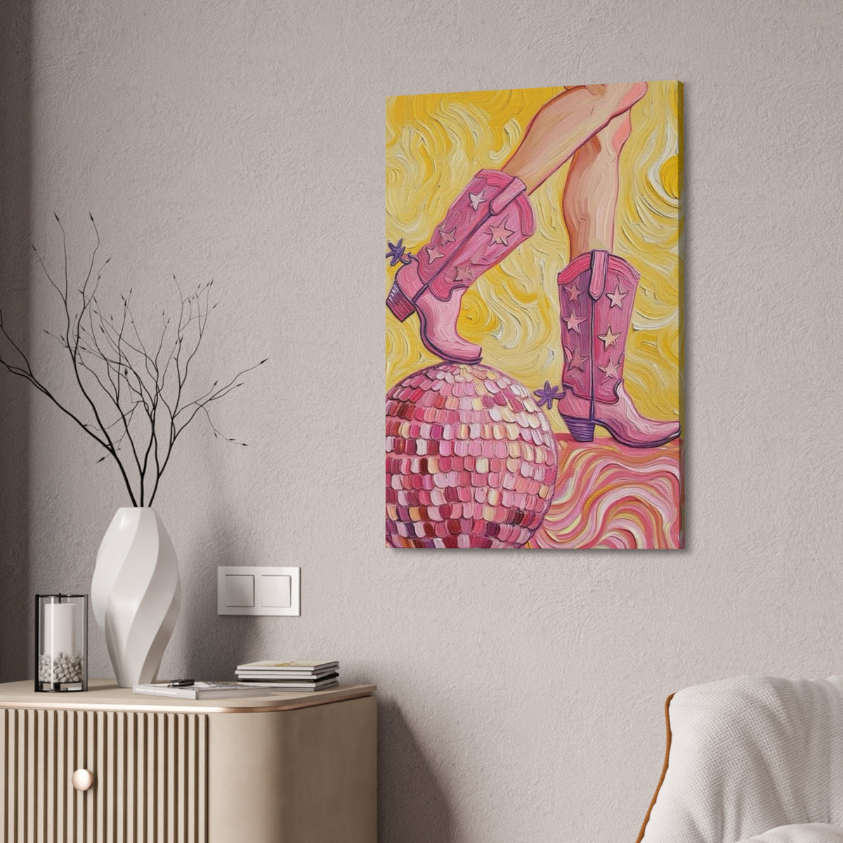 Canvas Wall Art - Pink Cowboy Boots - Disco Ball - Artistic Painterly Style - Impasto Design Print - 'Disco Cowgirl'