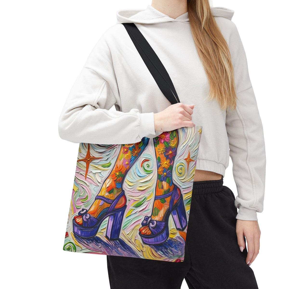 Tote Bag - All-Over Print - Flowered Legs with Purple Platform Shoes - Colorful Artistic Painterly Style - 'Saturday Sparkle'