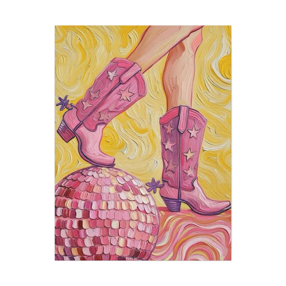 Canvas Wall Art - Pink Cowboy Boots - Disco Ball - Artistic Painterly Style - Impasto Design Print - 'Disco Cowgirl'