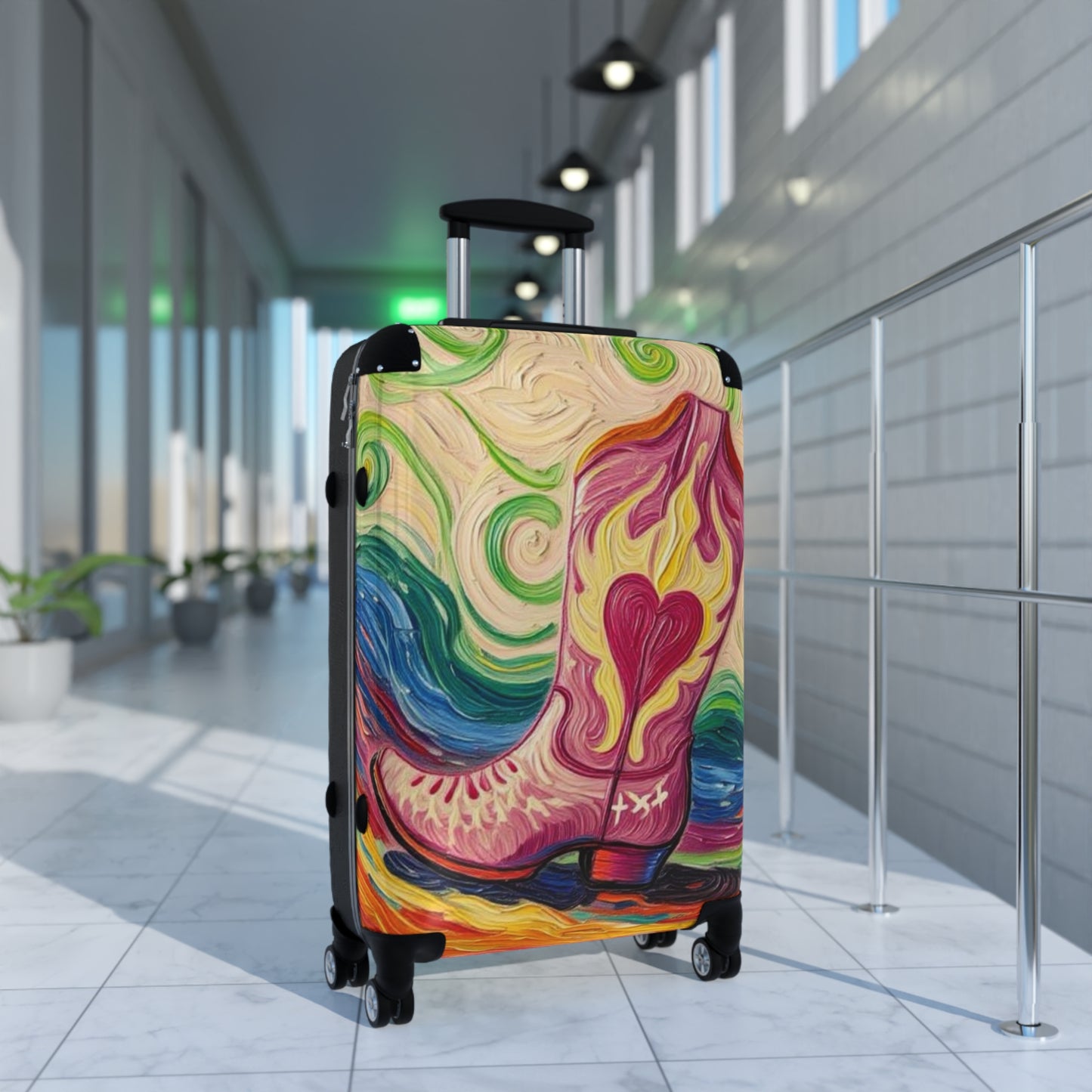 Luggage - Suitcases - Carry-on - Pink Heart Cowgirl Boot Painterly Style Artistic Rolling Suitcase - 'Kick'n up Dust'