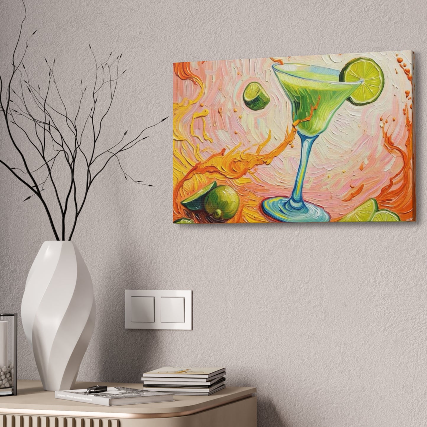 Canvas Wall Art - Green Refreshing Citrus Drink -Splashes of Orange - Artistic Painterly Style - Impasto Design Print - 'Citrus Splash'
