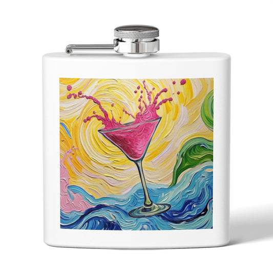 Flask - Stainless Steel 6oz  - Colorful Hot Pink Martini Splash Whimsical Artwork - 'Sway & Sip'