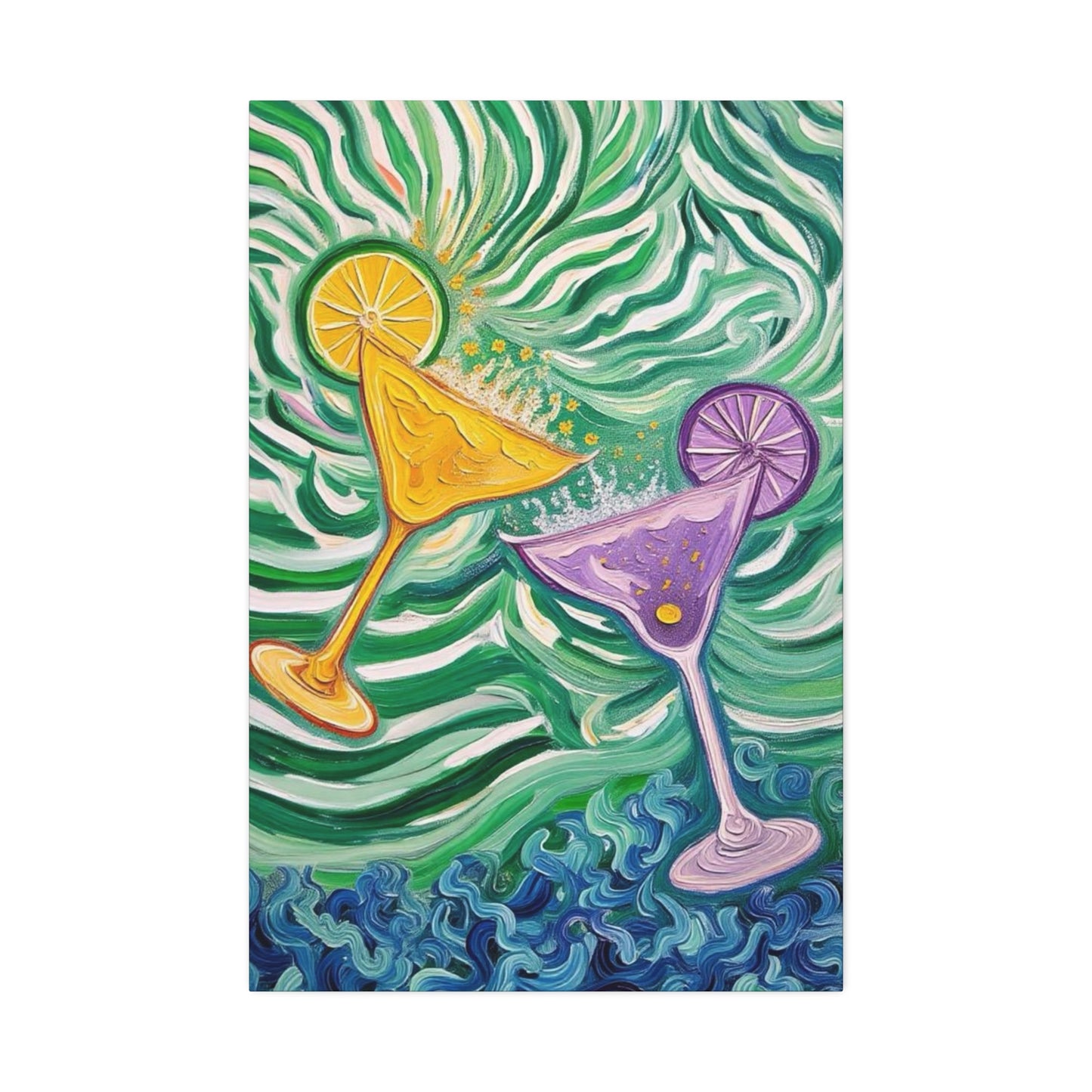 Canvas Wall Art - Yellow and Purple floating Cocktails - Artistic Painterly Style - Impasto Design Print - 'Green Rush'