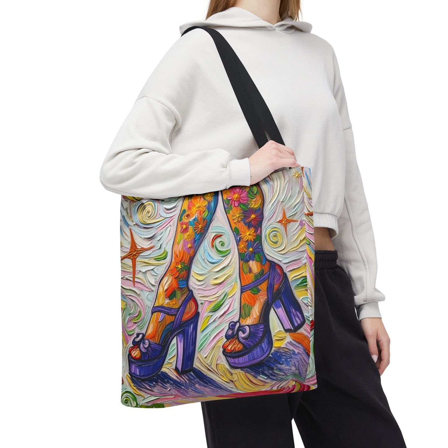 Tote Bag - All-Over Print - Flowered Legs with Purple Platform Shoes - Colorful Artistic Painterly Style - 'Saturday Sparkle'