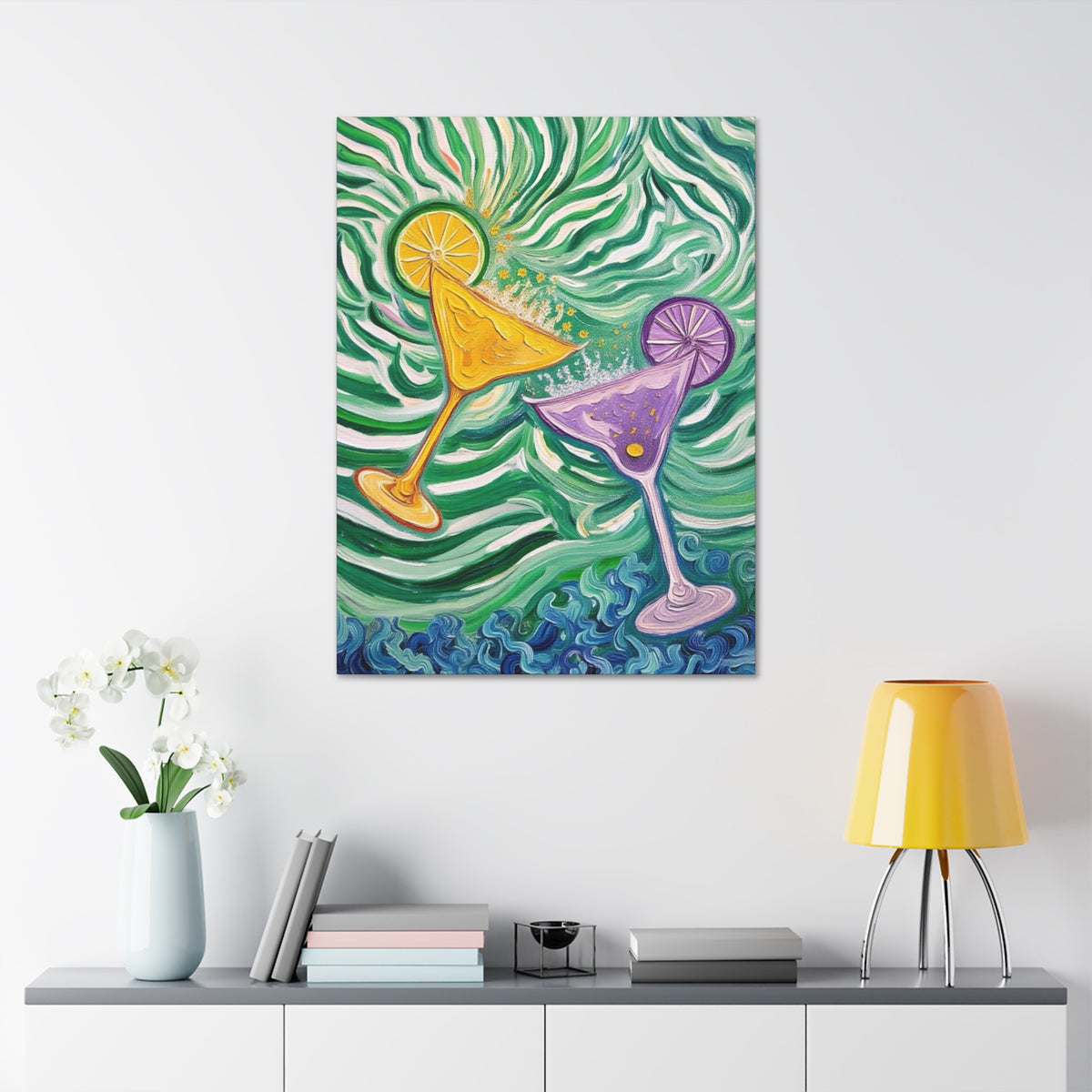 Canvas Wall Art - Yellow and Purple floating Cocktails - Artistic Painterly Style - Impasto Design Print - 'Green Rush'