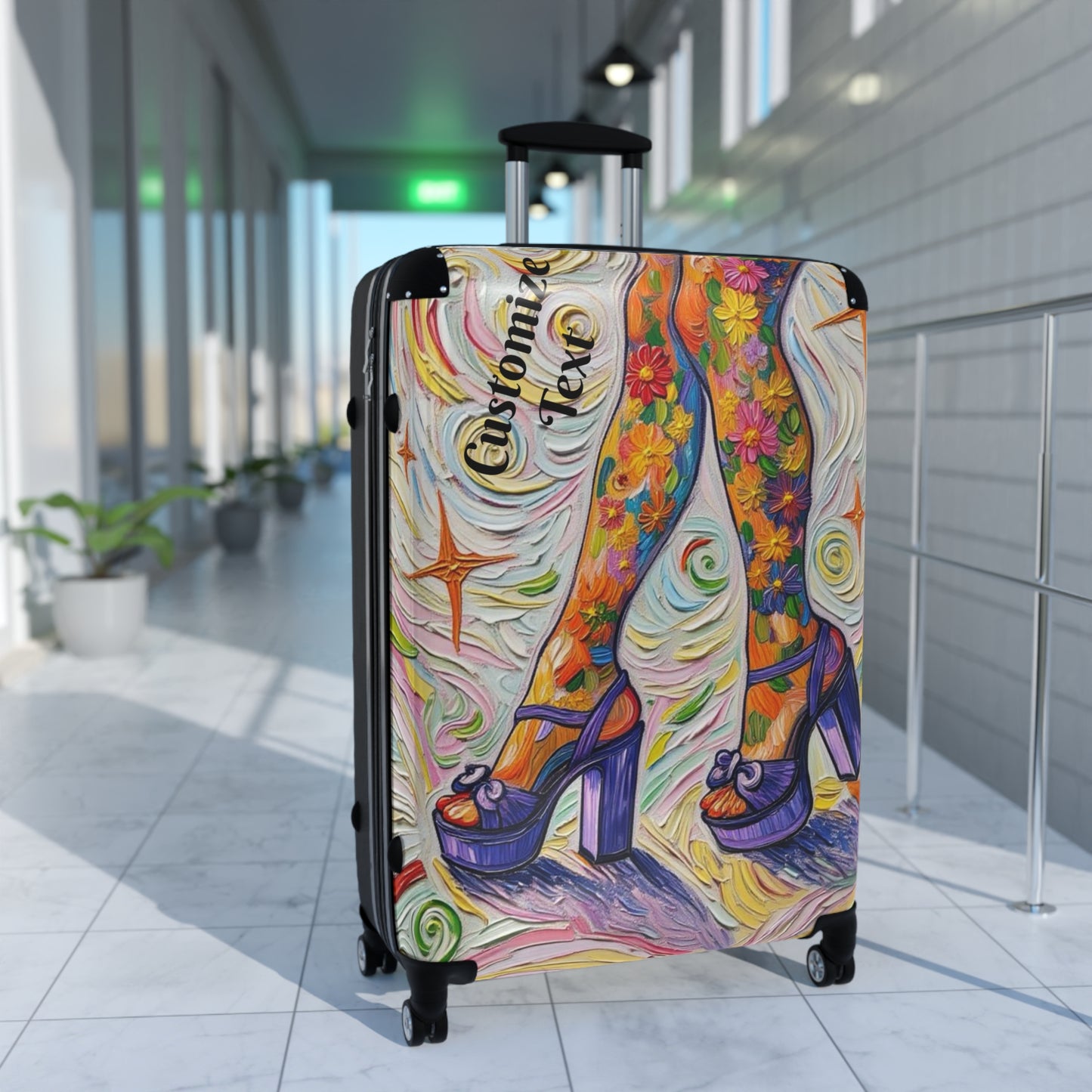 Luggage - Suitcases - Carry-on - Purple Platform Shoes Flowered Legs - Painterly Style Artistic Rolling Suitcase - 'Saturday Sparkle'