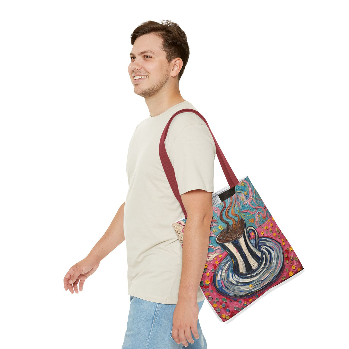 Tote Bag - Colorful Striped Coffee Cup - Painterly Style Design  - 'Mocha Dreams'
