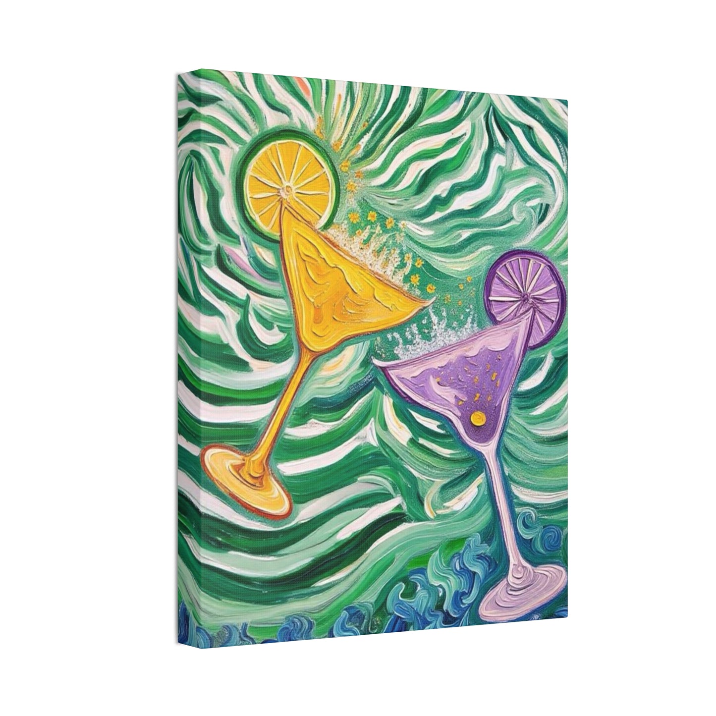 Canvas Wall Art - Yellow and Purple floating Cocktails - Artistic Painterly Style - Impasto Design Print - 'Green Rush'