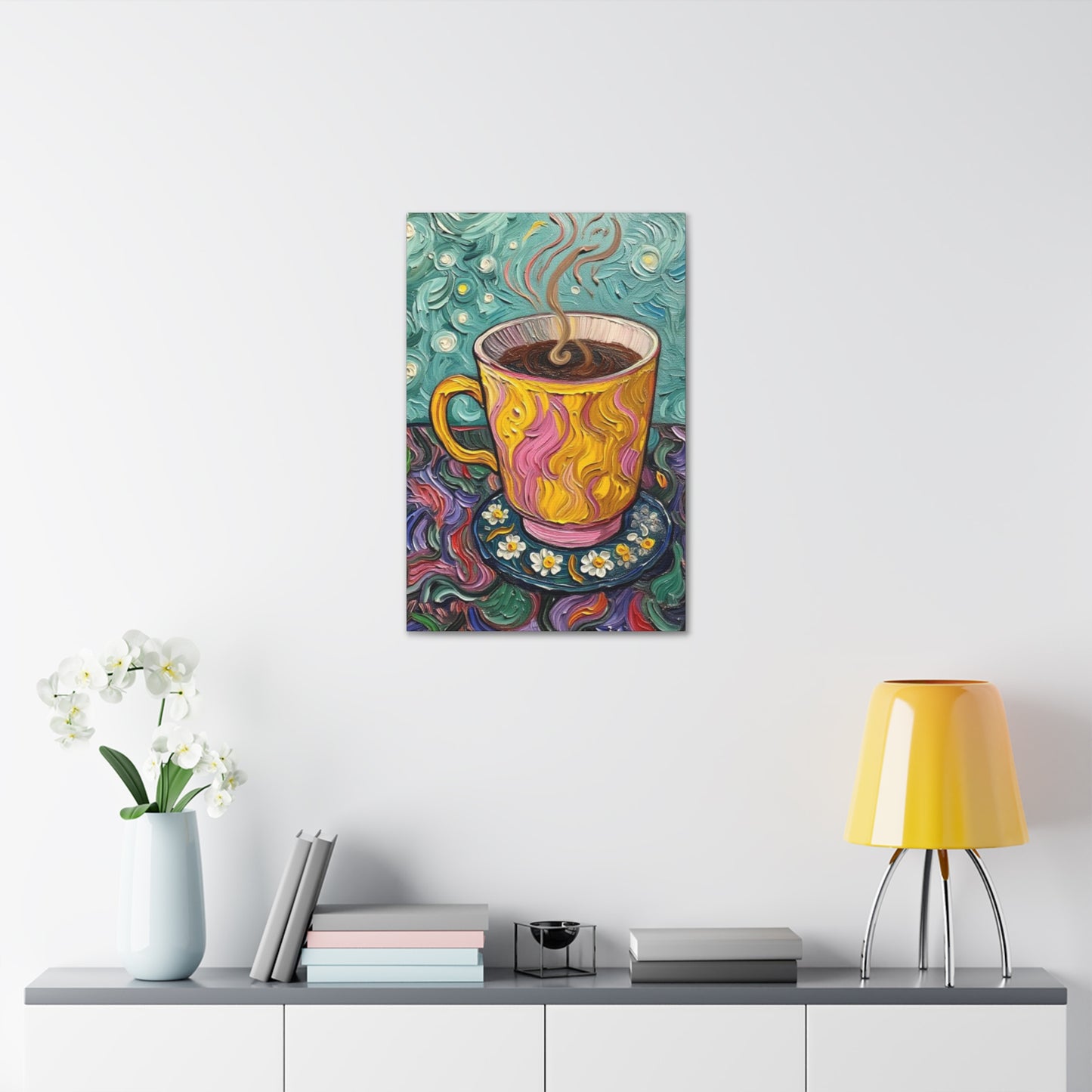 Coffee Cup Canvas Wall Art – Colorful Textured Painting of Steaming Mug