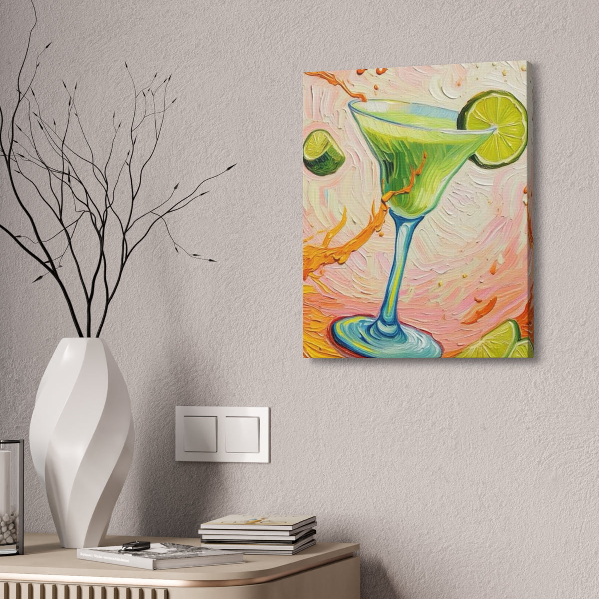 Canvas Wall Art - Green Refreshing Citrus Drink -Splashes of Orange - Artistic Painterly Style - Impasto Design Print - 'Citrus Splash'