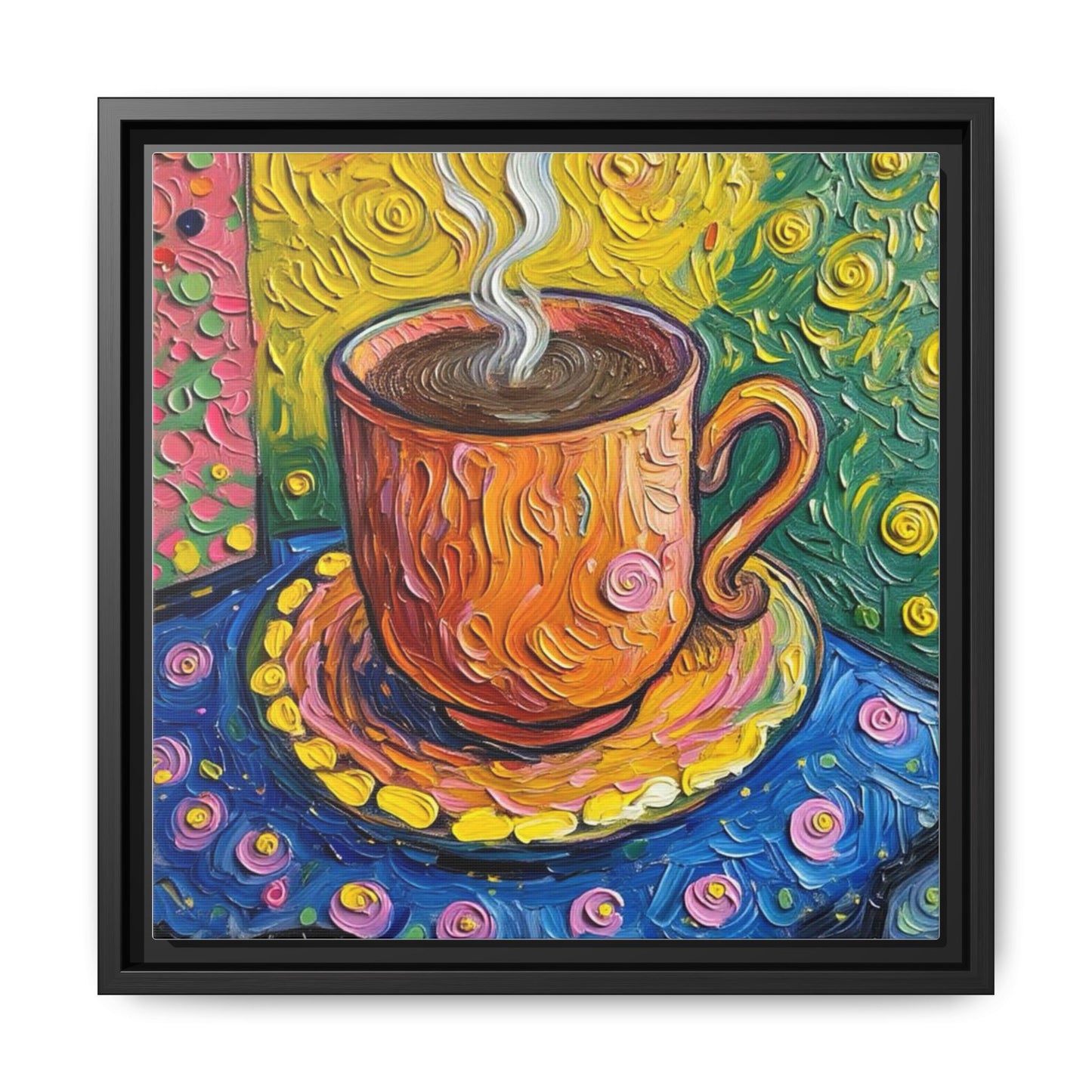 Framed Matte Canvas Art - Colorful Whimsical Coffee Cup Painting