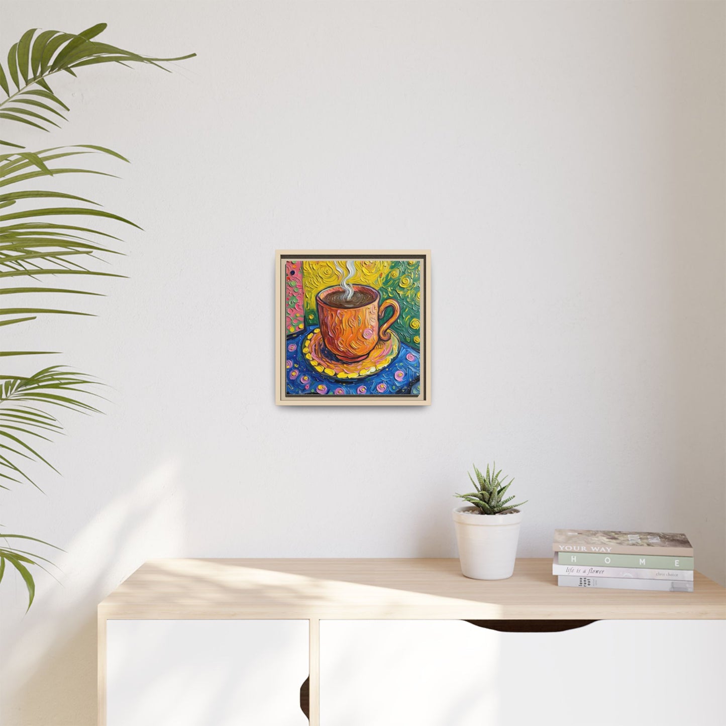Framed Matte Canvas Art - Colorful Whimsical Coffee Cup Painting