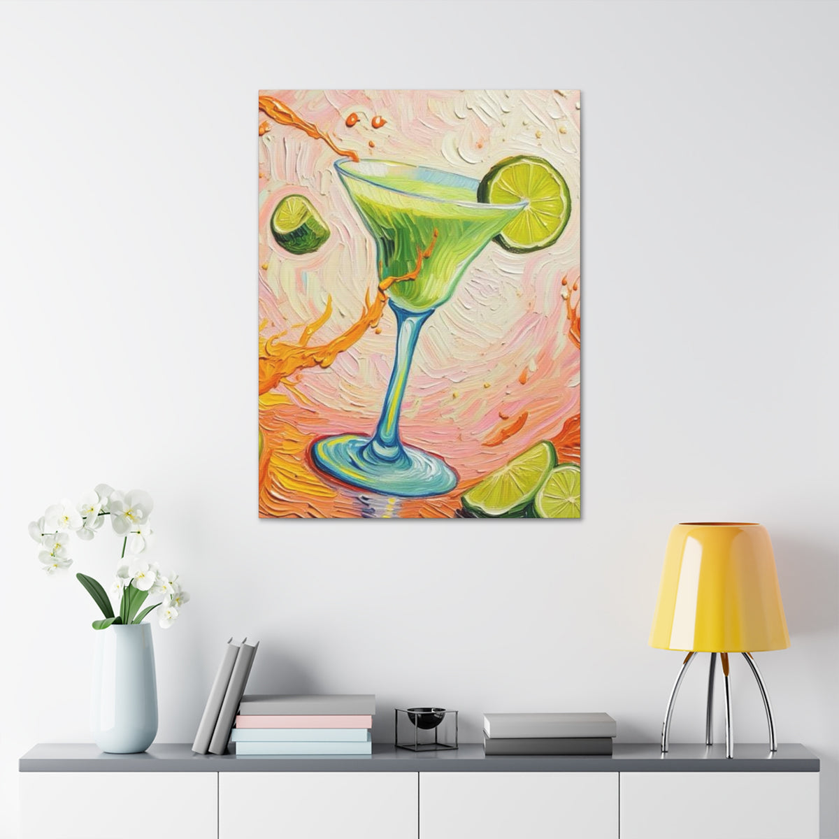 Canvas Wall Art - Green Refreshing Citrus Drink -Splashes of Orange - Artistic Painterly Style - Impasto Design Print - 'Citrus Splash'