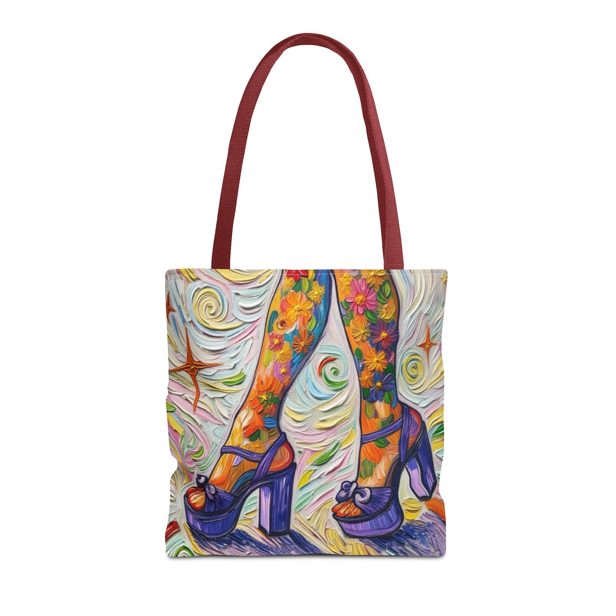 Tote Bag - All-Over Print - Flowered Legs with Purple Platform Shoes - Colorful Artistic Painterly Style - 'Saturday Sparkle'