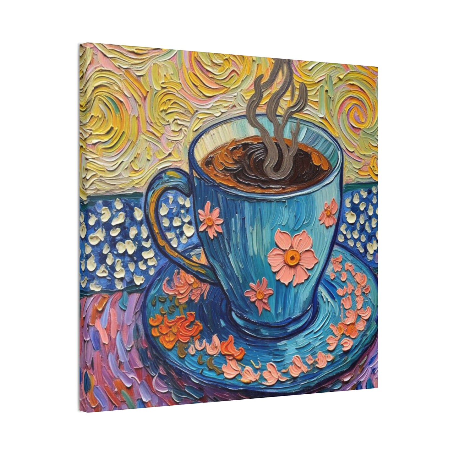 Floral Blue Teacup Canvas Wall Art — Vibrant Coffee Painting