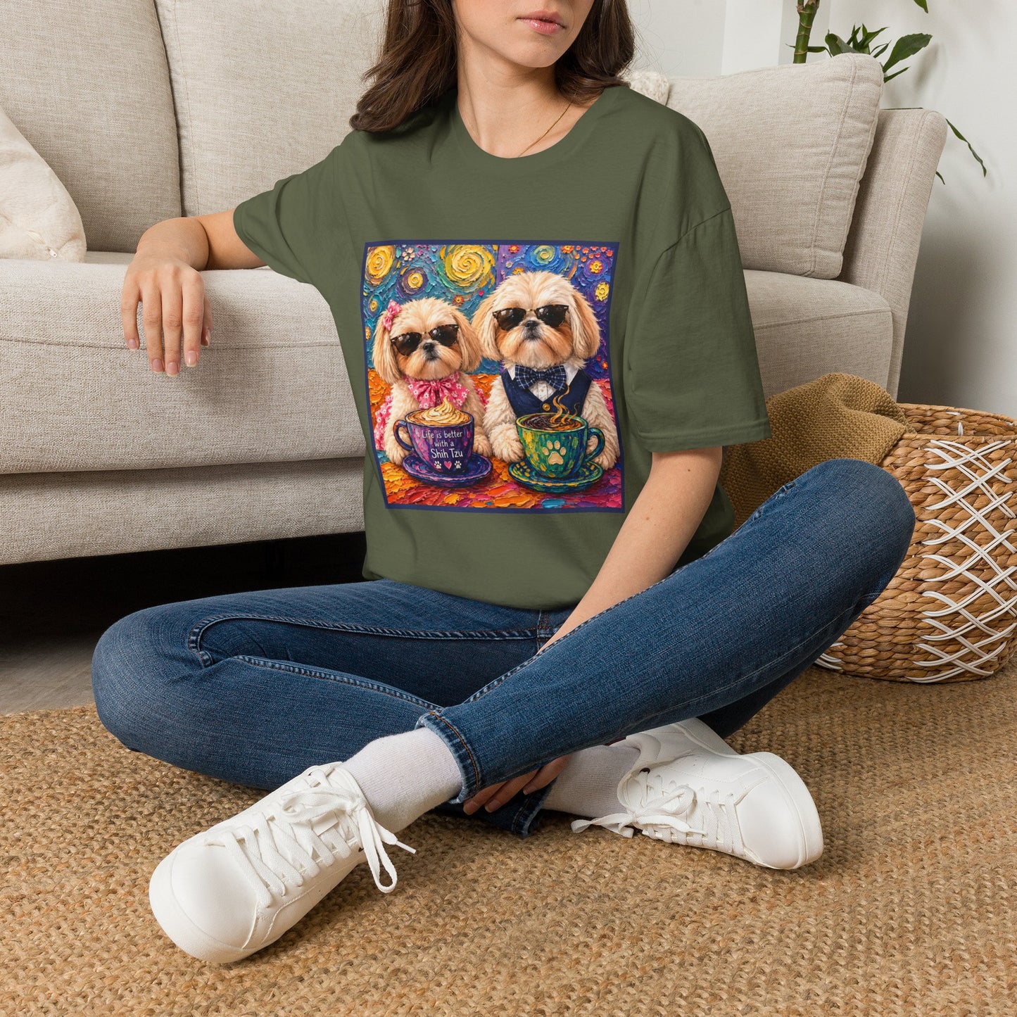 Shih Tzu Coffee Date T-Shirt - Cute Couple - Dogs with Teacups - Paws for Coffee