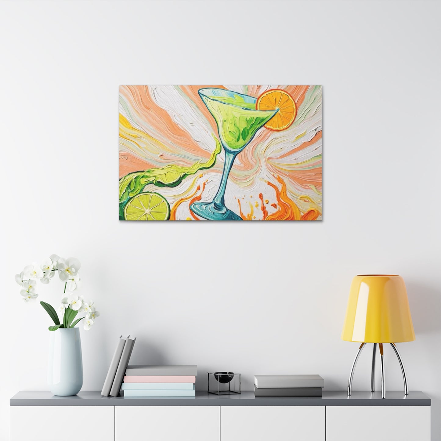 Canvas Wall Art - Orange and Green Refreshing Citrus Cocktail-Splashes of Color - Artistic Painterly Style - Impasto Design Print - 'Lime Light'
