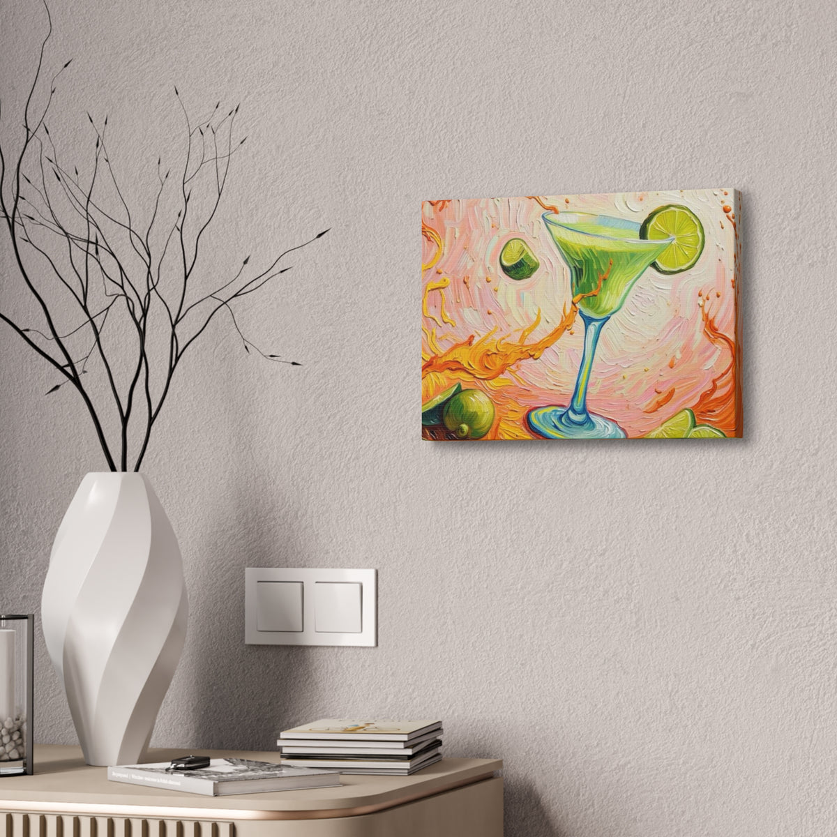 Canvas Wall Art - Green Refreshing Citrus Drink -Splashes of Orange - Artistic Painterly Style - Impasto Design Print - 'Citrus Splash'