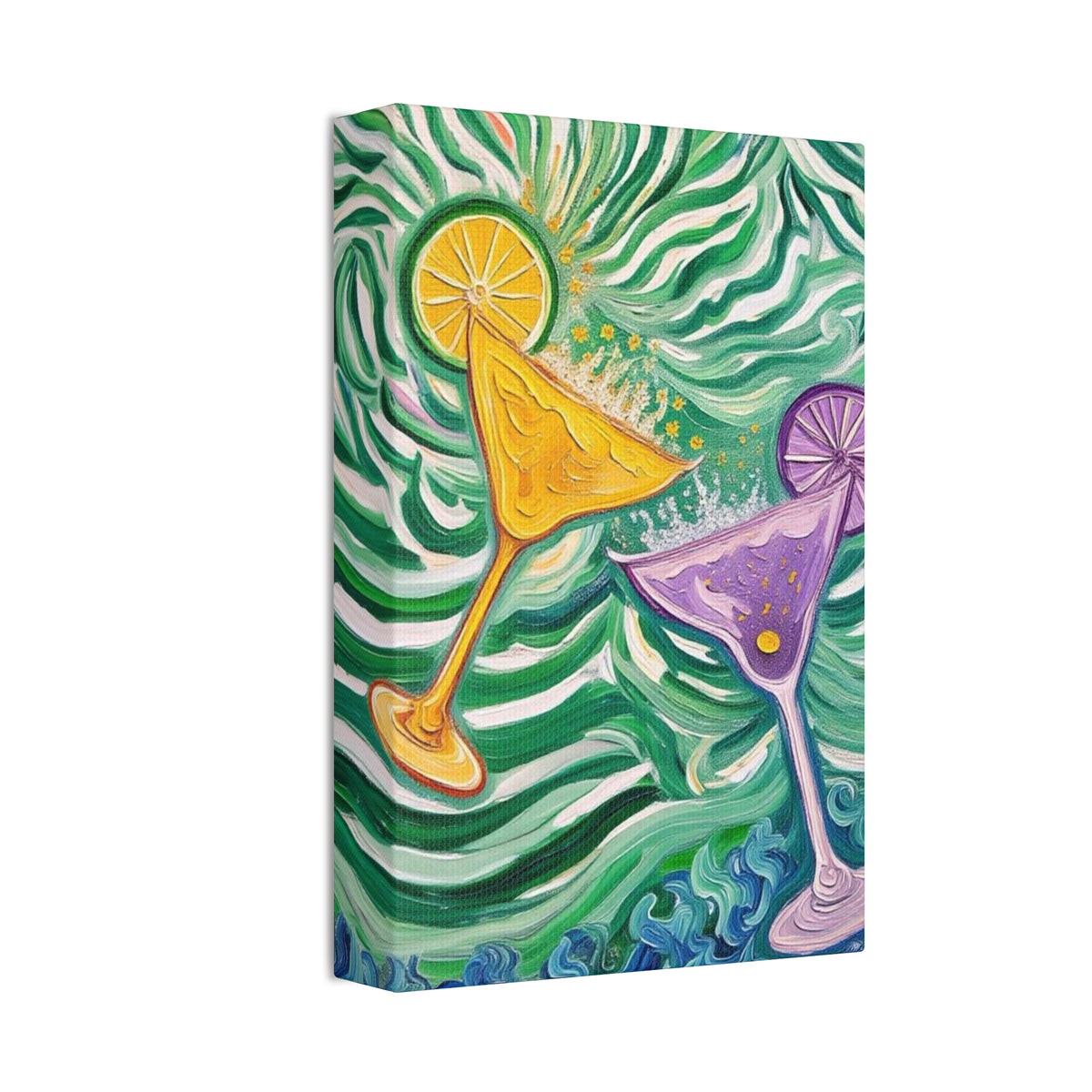 Canvas Wall Art - Yellow and Purple floating Cocktails - Artistic Painterly Style - Impasto Design Print - 'Green Rush'