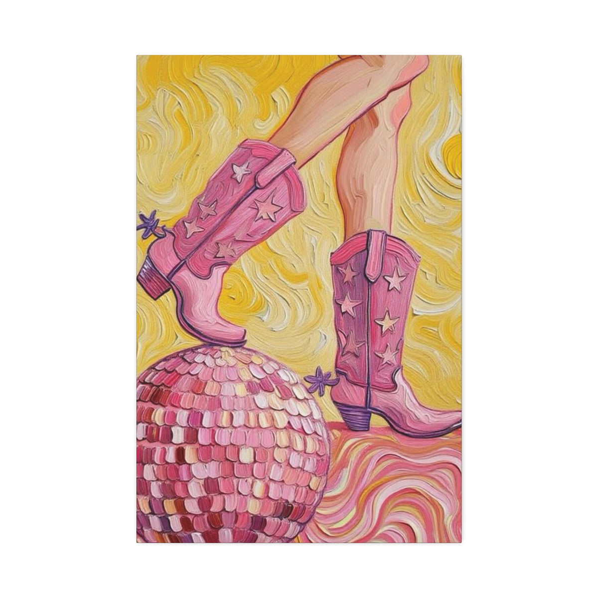 Canvas Wall Art - Pink Cowboy Boots - Disco Ball - Artistic Painterly Style - Impasto Design Print - 'Disco Cowgirl'
