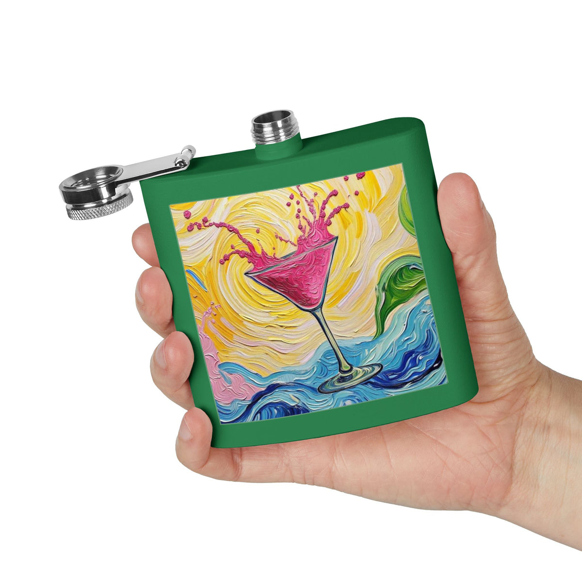 Flask - Stainless Steel 6oz  - Colorful Hot Pink Martini Splash Whimsical Artwork - 'Sway & Sip'