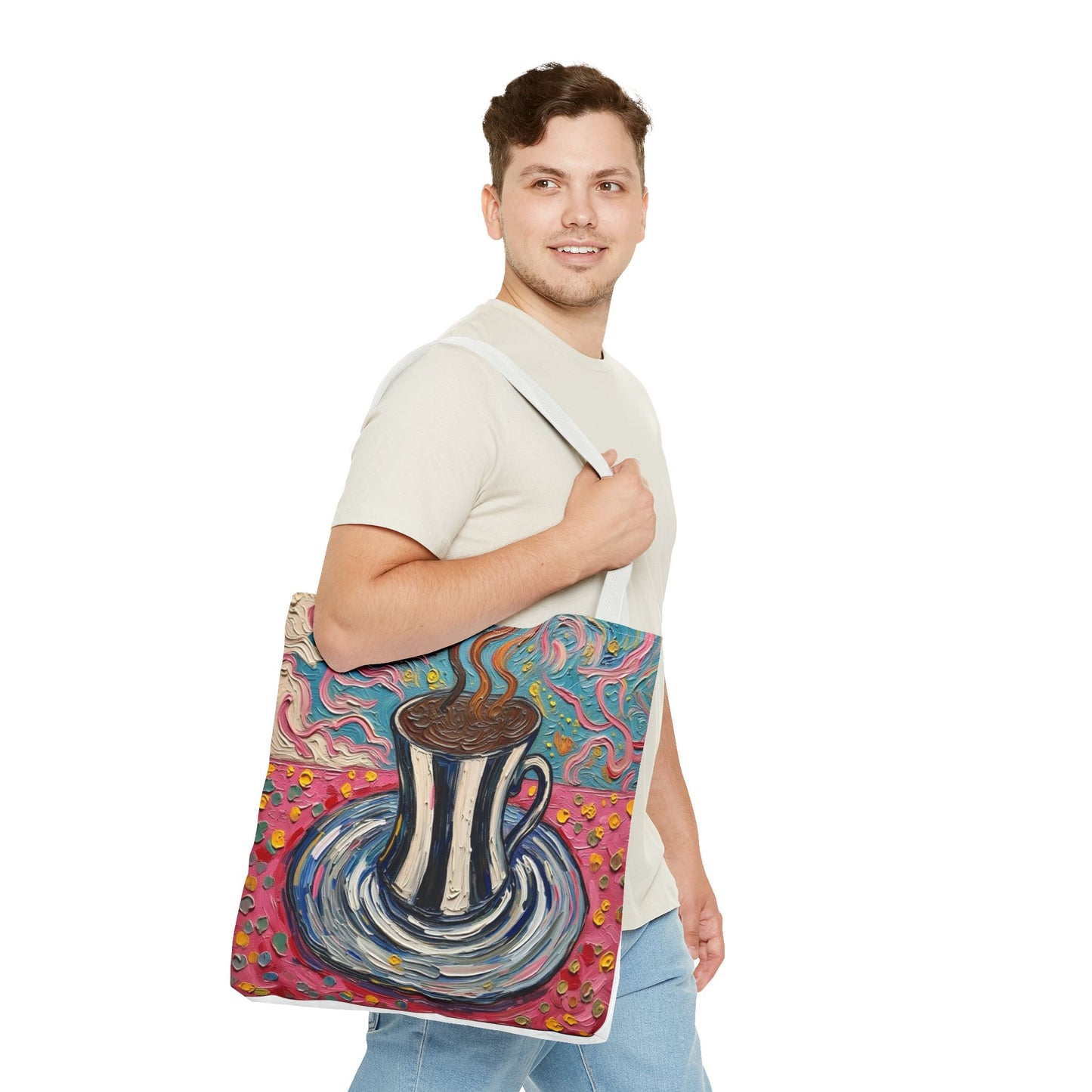 Tote Bag - Colorful Striped Coffee Cup - Painterly Style Design  - 'Mocha Dreams'