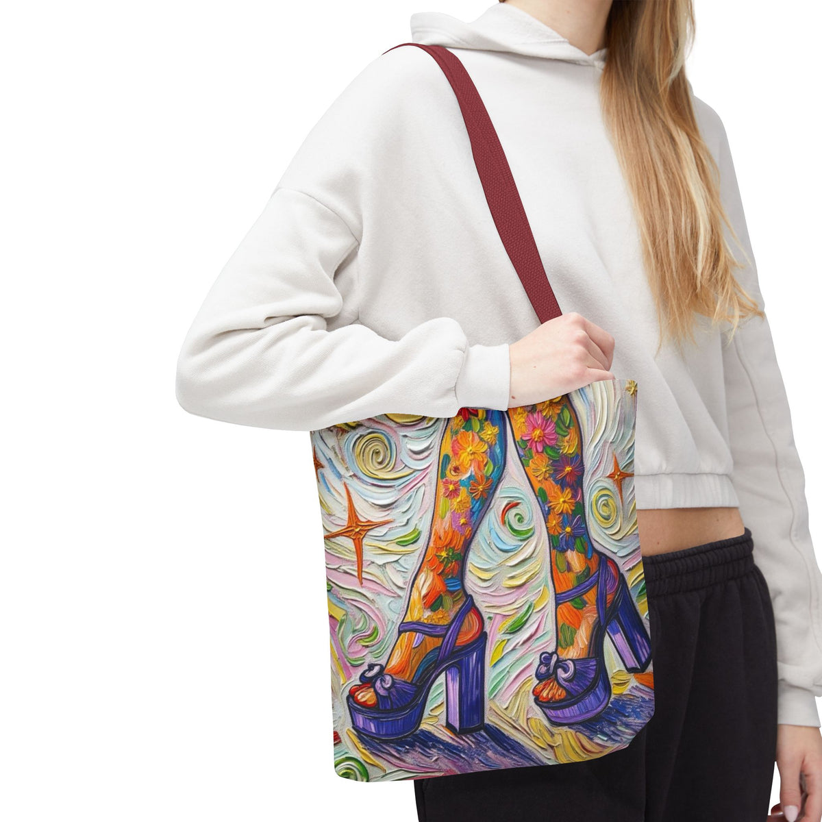 Tote Bag - All-Over Print - Flowered Legs with Purple Platform Shoes - Colorful Artistic Painterly Style - 'Saturday Sparkle'